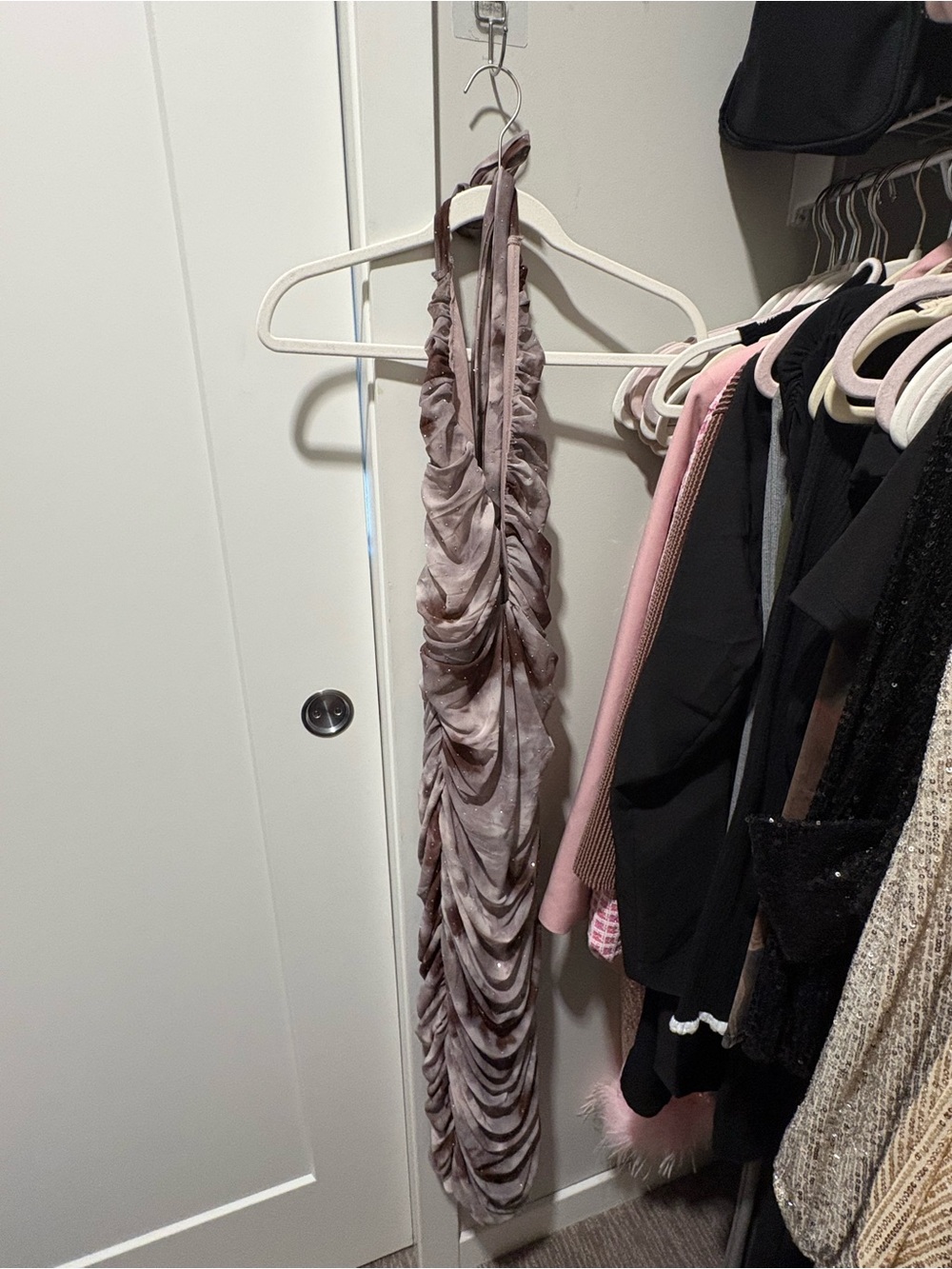 Fashion Nova Ruched Halter Mini Dress in Mauve Taupe